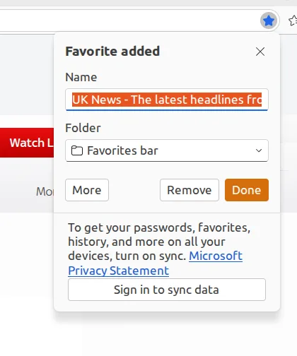 MS edge Browser bar for Bookmarks for seniors